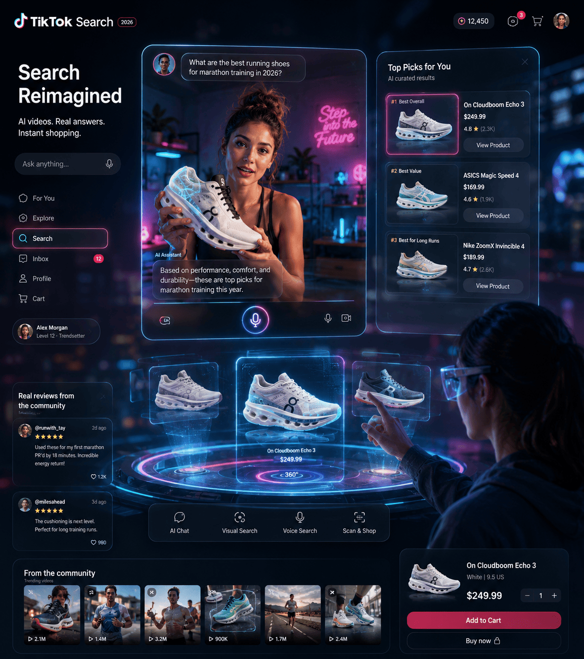 Interface futuriste Instagram TikTok 2026 avec réseaux sociaux, IA et social commerce