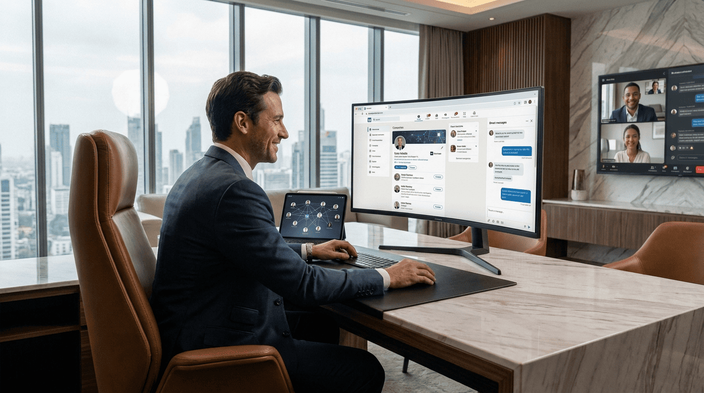Décideur utilisant LinkedIn et un tableau de bord de réseau professionnel en visioconférence