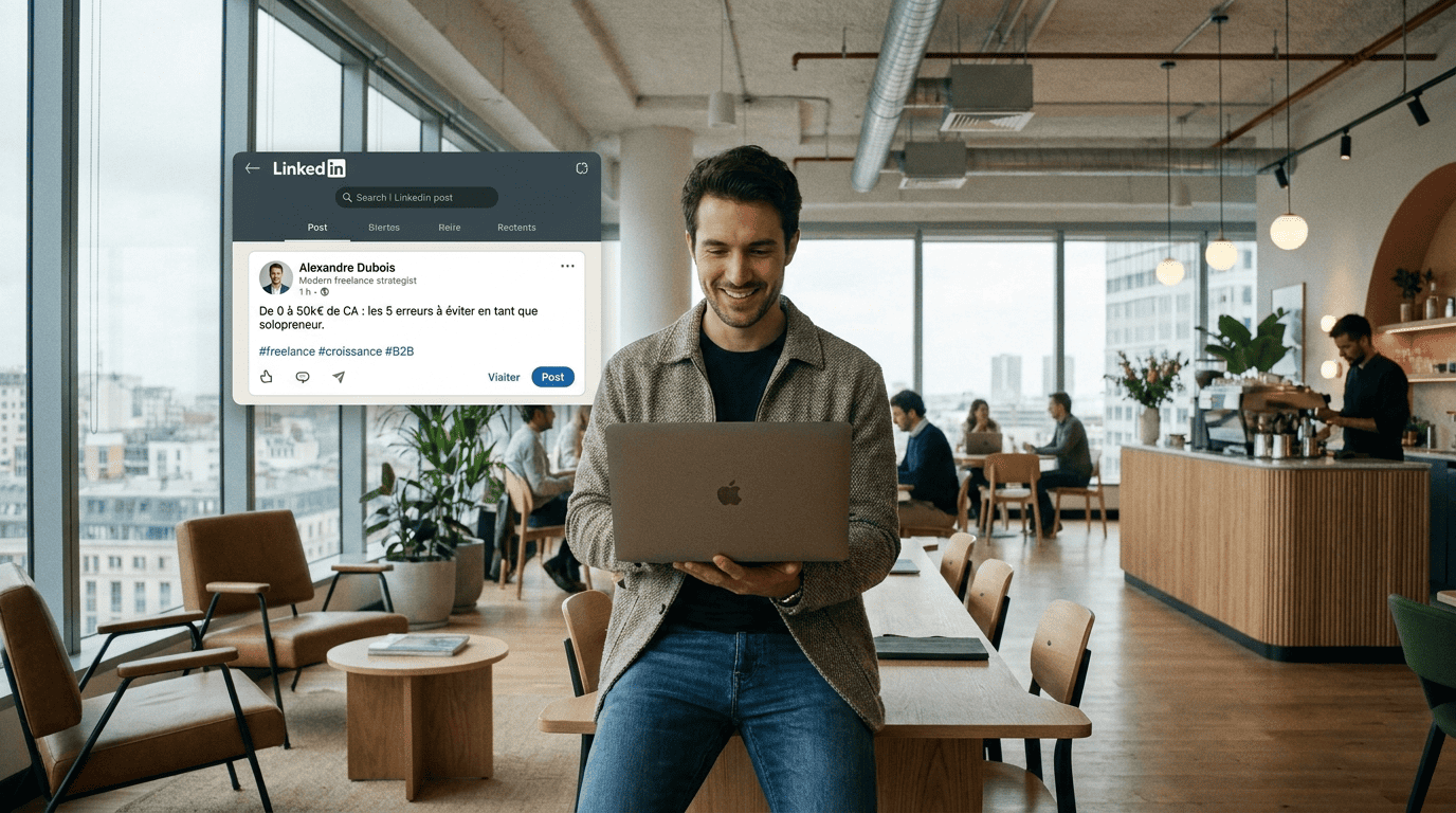 Entrepreneur souriant publiant sur LinkedIn dans un espace de travail chaleureux