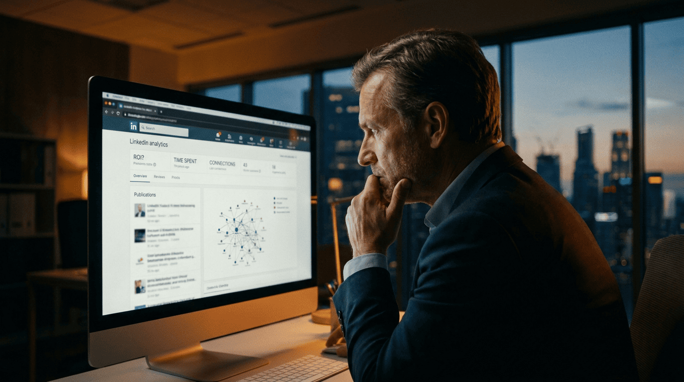 Dirigeant analysant le ROI LinkedIn sur un écran dans une ambiance sombre et stratégique