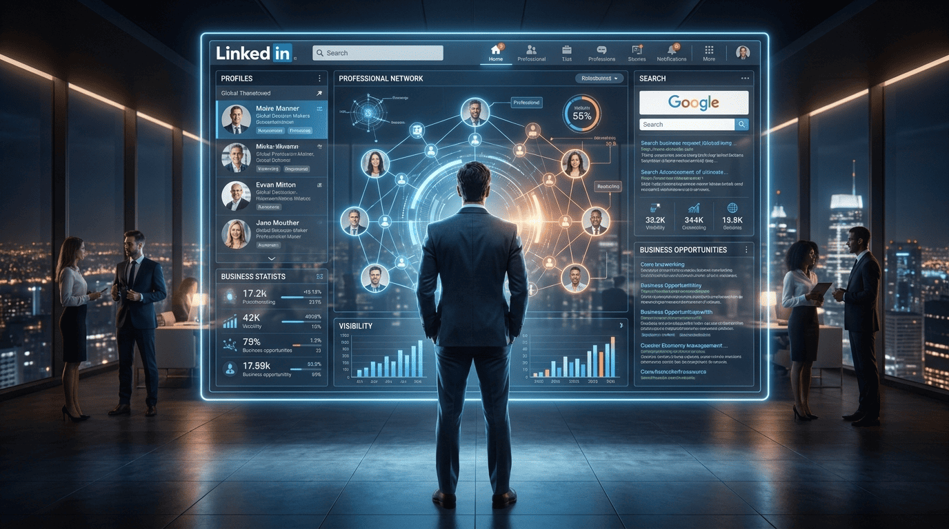 Interface LinkedIn futuriste avec tableau de bord de réseau professionnel et visibilité Google