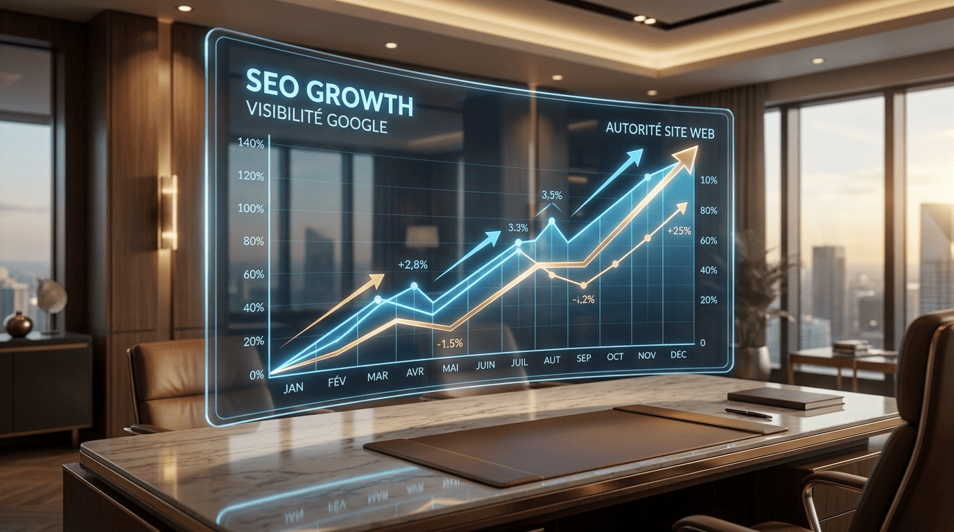 Dashboard de visibilité Google et de croissance SEO projeté dans une salle de réunion premium