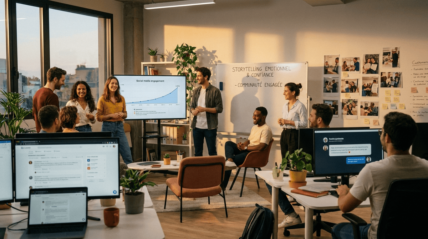 Équipe marketing en atelier de storytelling émotionnel et construction de communauté engagée