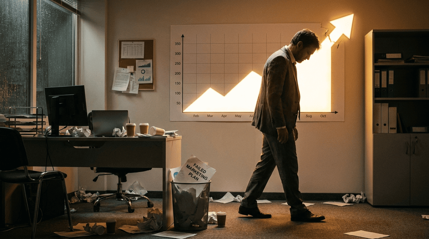 Entrepreneur frustré devant un plan marketing raté et une courbe de croissance qui aurait pu repartir